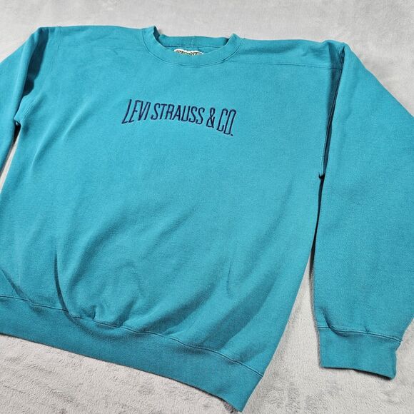 Vintage 90s Levi Strauss & Co Sweatshirt Green Embroidered Logo Spell Out Grunge - Picture 3 of 16
